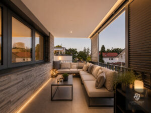 Moderne Terrasse bei Dämmerung „KI-bearbeitet“